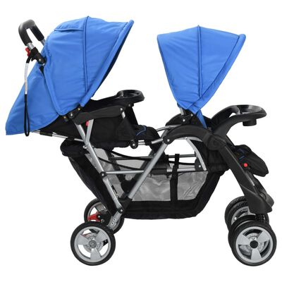 vidaXL Vaikiškas dvivietis vežimėlis, plienas, mėlynas/juodas