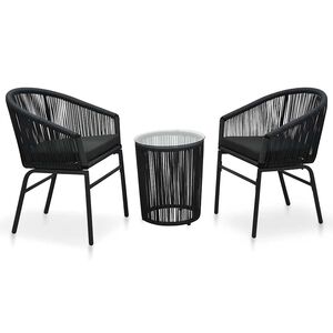 vidaXL Bistro komplektas su pagalvėlėmis, 3 dalių, juodas, PE ratanas
