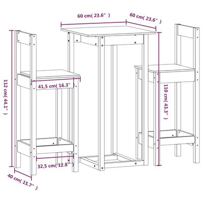 vidaXL Baro baldų komplektas, 3 dalių, baltas, pušies medienos masyvas