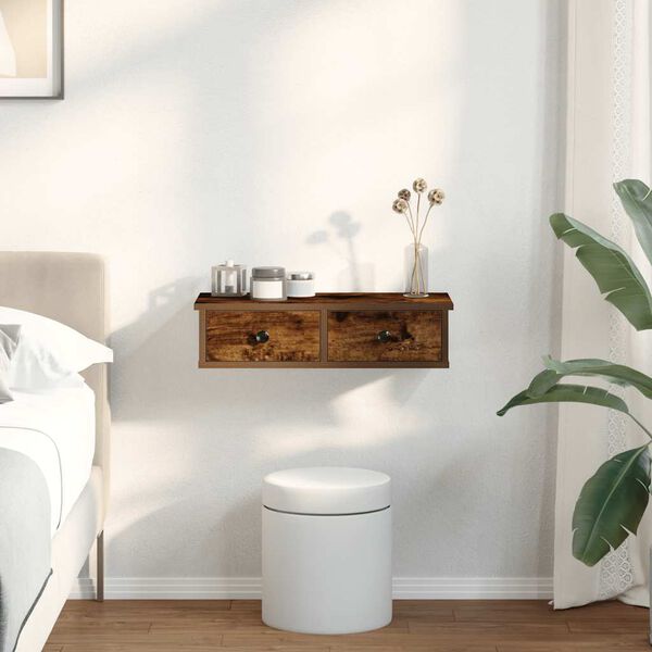 vidaXL Sieninė lentyna su stalčiais, dūminio ąžuolo, 60x28x15cm