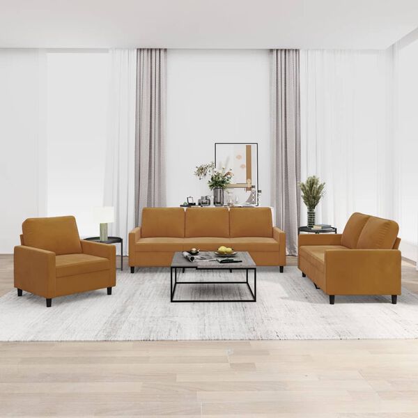 vidaXL Sofos komplektas su pagalvėlėmis, 3 dalių, rudas, aksomas