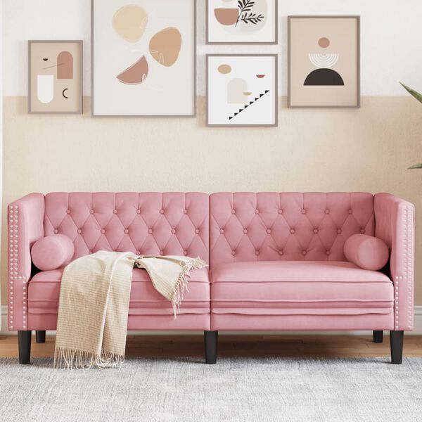 vidaXL Dvivietė chesterfield sofa su pagalvėlėmis, rožinė, aksomas