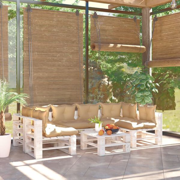 vidaXL Sodo komplektas i&scaron; palečių su pagalvėlėmis, 7 dalių, pu&scaron;is