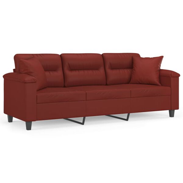 vidaXL Trivietė sofa su pagalvėmis, vyno, 180cm, dirbtinė oda
