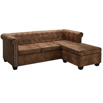 vidaXL L-formos Chesterfield sofa, dirbtinė zomšos oda, ruda