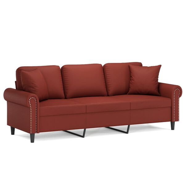 vidaXL Trivietė sofa su pagalvėmis, vyno, 180cm, dirbtinė oda