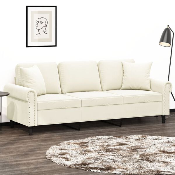 vidaXL Trivietė sofa su pagalvėlėmis, kreminės spalvos, 180cm, aksomas