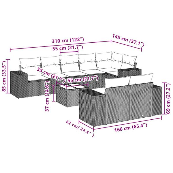 vidaXL Sofos komplektas su pagalvėlėmis, 9 dalių, pilkas, poliratanas