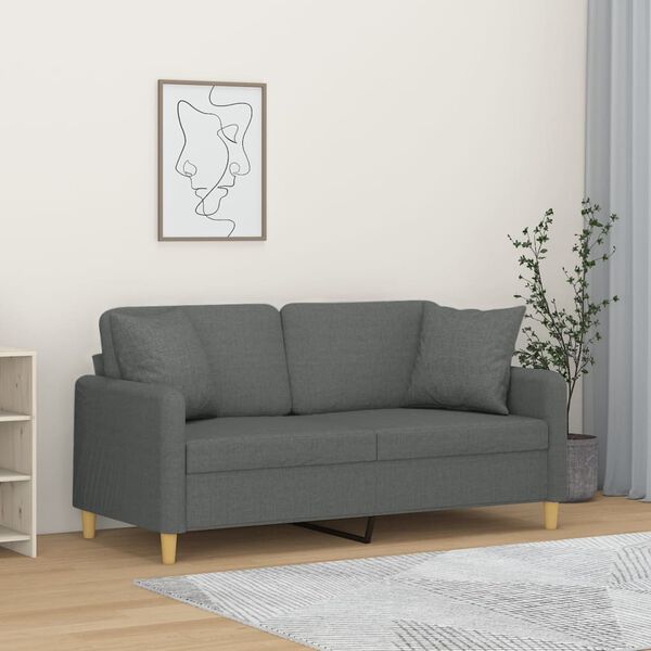 vidaXL Dvivietė sofa su pagalvėlėmis, tamsiai pilka, 140cm, audinys
