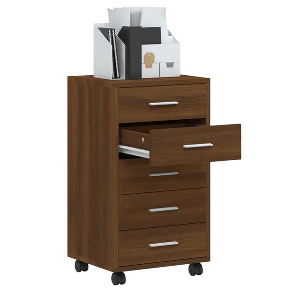 vidaXL Spintelė su stalčiais ir ratukais, ruda ąžuolo, mediena