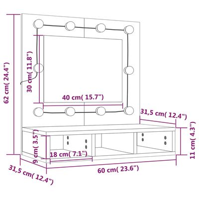 vidaXL Veidrodinė spintelė su LED, pilka ąžuolo, 60x31,5x62cm