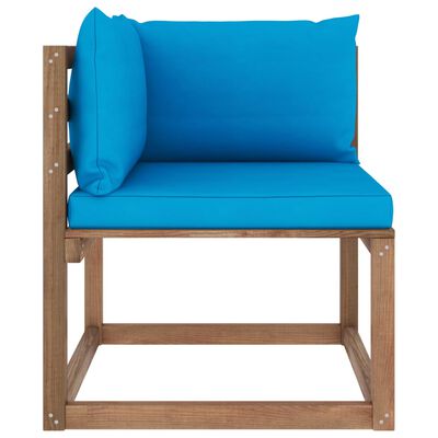 vidaXL Kampinė sodo sofa iš palečių su šviesiai mėlynomis pagalvėlėmis
