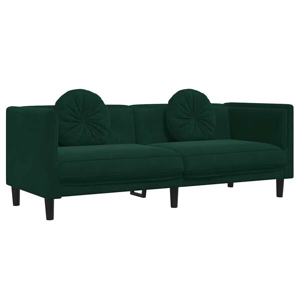 vidaXL Trivietė sofa su pagalvėlėmis, tamsiai žalios spalvos, aksomas