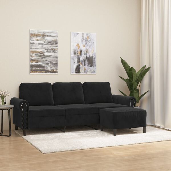 vidaXL Trivietė sofa su pakoja, juodos spalvos, 180cm, aksomas