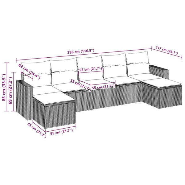 vidaXL Sofos komplektas su pagalvėlėmis, 7 dalių, rudas, poliratanas