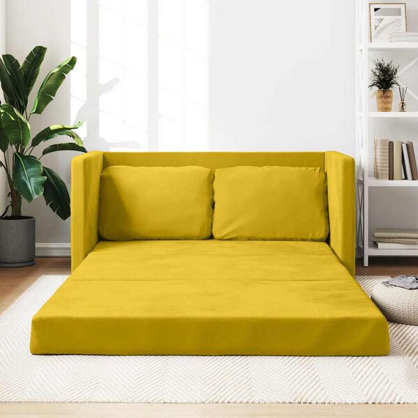 vidaXL Grindų sofa-lova, 2-1, tamsiai geltona, 122x204x55cm, aksomas