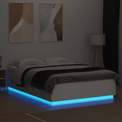 vidaXL Lovos rėmas su LED, baltas, 150x200cm, apdirbta mediena