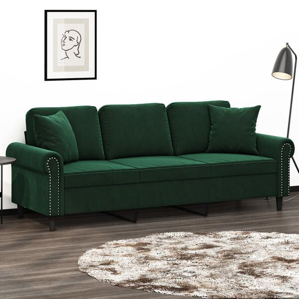 vidaXL Trivietė sofa su pagalvėmis, tamsiai žalia, 180cm, aksomas