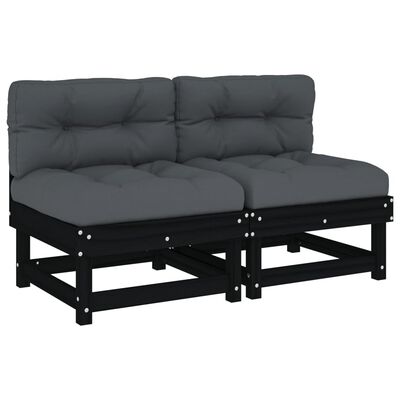 vidaXL Vidurinės sofos dalys su pagalvėlėmis, 2vnt., juodos, pušis