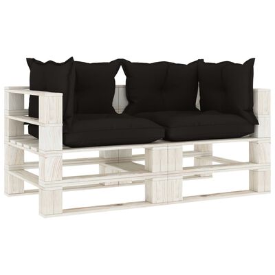 vidaXL Dvivietė sodo sofa iš palečių su juodomis pagalvėmis, mediena