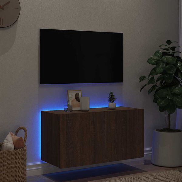 vidaXL Sieninė TV spintelė su LED lemputėmis, ruda ąžuolo, 80x35x41cm