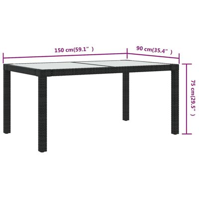 vidaXL Sodo stalas, juodas, 150x90x75cm, grūdintas stiklas/poliratanas
