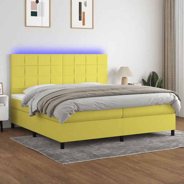 vidaXL Lova su spyruoklėmis/čiužiniu/LED, žalia, 200x200 cm, audinys