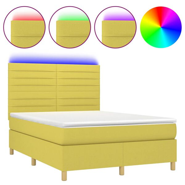 vidaXL Lova su spyruoklėmis/čiužiniu/LED, žalia, 140x190 cm, audinys