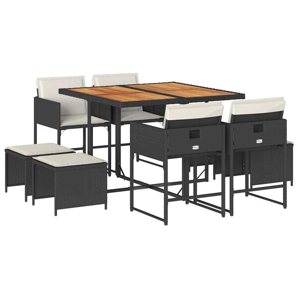 vidaXL Sodo komplektas su pagalvėlėmis, 9 dalių, juodas, poliratanas