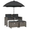 vidaXL Dvivietė sodo sofa su skėčiu/taburetėmis, pilka, poliratanas