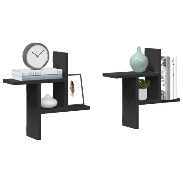 vidaXL Sieninės lentynos, 2vnt., juodos, 38x12x38cm, apdirbta mediena