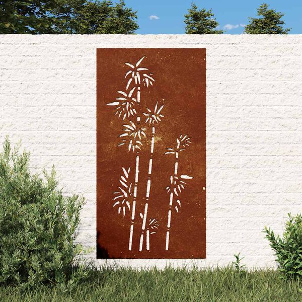 vidaXL Sodo sienos dekoracija, 105x55cm, corten plienas, bambukas