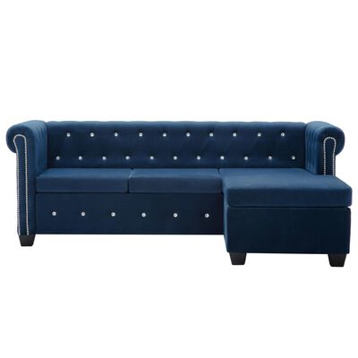 vidaXL L form. Chesterfield sofa, aksom. apmuš., 199x142x72cm, mėlyna