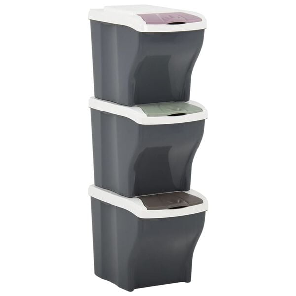 vidaXL Viena ant kitos sudedamos šiukšliadėžės, 3vnt., pilkos, 60l