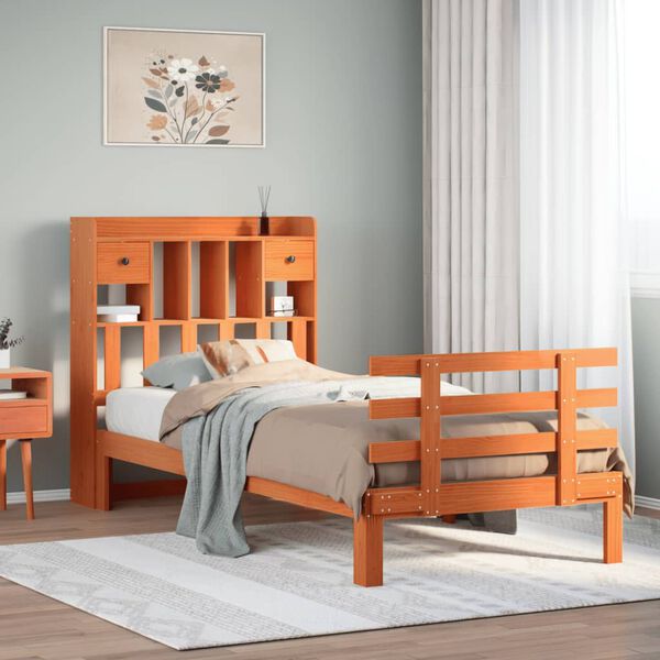 vidaXL Lova be čiužinio/su knygų lentyna, va&scaron;ko ruda, 100x200cm, pu&scaron;is