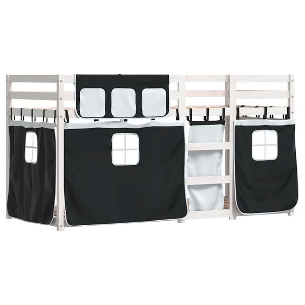 vidaXL Dviaukštė lova su užuolaidomis, balta/juoda, 90x200cm, pušis