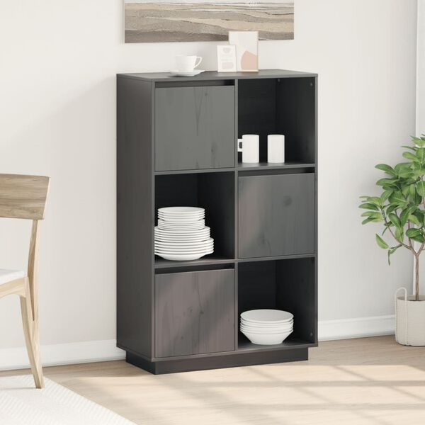 vidaXL Komoda, pilkos spalvos, 74x35x117cm, pu&scaron;ies medienos masyvas