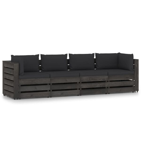 vidaXL Keturvietė sodo sofa su pagalvėmis, pilkai impregnuota mediena