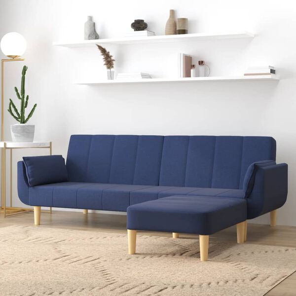 vidaXL Dvivietė sofa-lova su pakoja ir pagalvėmis, mėlyna, audinys