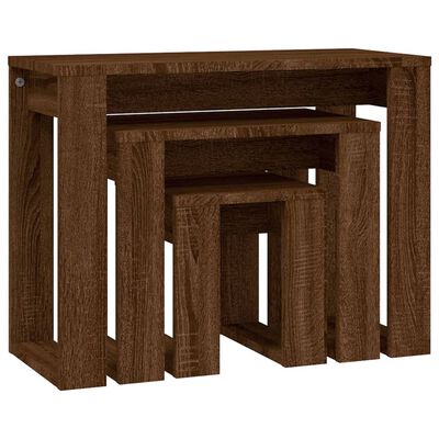vidaXL Sustumiami staliukai, 3vnt., rudi ąžuolo, apdirbta mediena