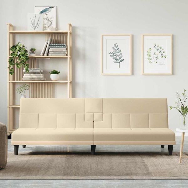 vidaXL Sofa-lova su puodelių laikikliais, kreminės spalvos, audinys