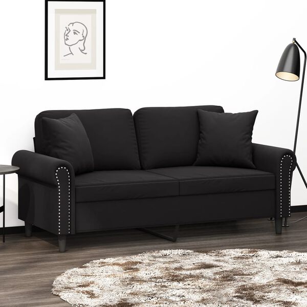 vidaXL Dvivietė sofa su pagalvėlėmis, juodos spalvos, 140cm, aksomas