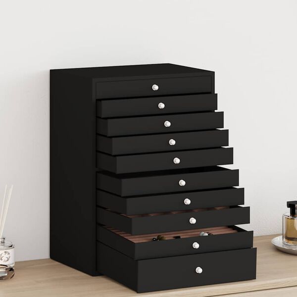 vidaXL Papuošalų dėžutė, 10 sluoksnių, su laikrodžių laikikliais, juoda, 29x20,5x40,5 cm