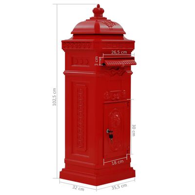 vidaXL Pašto dėžutė, kolonos pavid., aliuminis, nerūdijanti, raudona