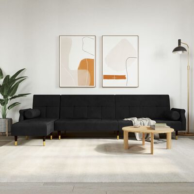vidaXL L formos sofa-lova, juodos spalvos, 271x140x70cm, aksomas