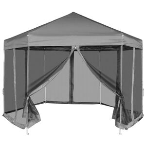 vidaXL &Scaron;e&scaron;iakampė sulankstoma pavėsinė, 6 sienelės, pilka, 3,6x3,1m