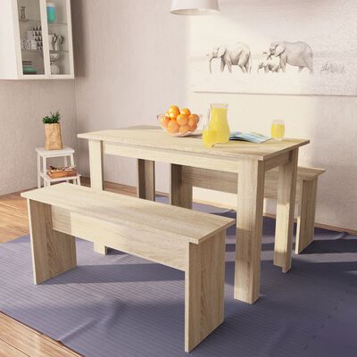 vidaXL Valgomojo stalas su suolais, 3 dalių, ąžuolo, apdirbta mediena