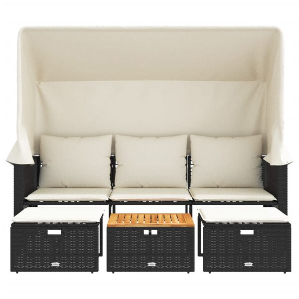 vidaXL Trivietė sodo sofa su skliautu/taburetėmis, juoda, poliratanas