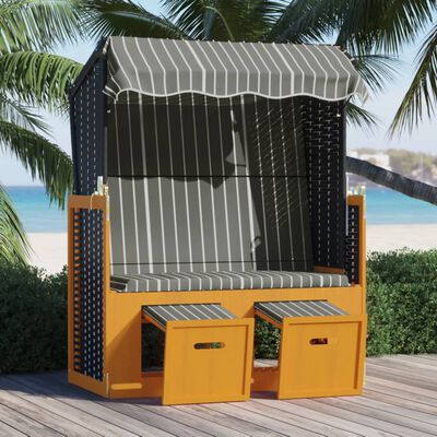 vidaXL Paplūdimio kėdė su stogeliu, juoda/pilka, poliratanas/mediena