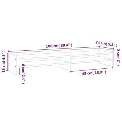 vidaXL Monitoriaus stovas, baltas, 100x24x16cm, pušies masyvas